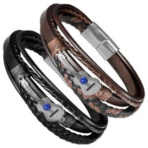 Stainless Steel Guitar w/ Lapis Lazuli Stone Leather Bracelet