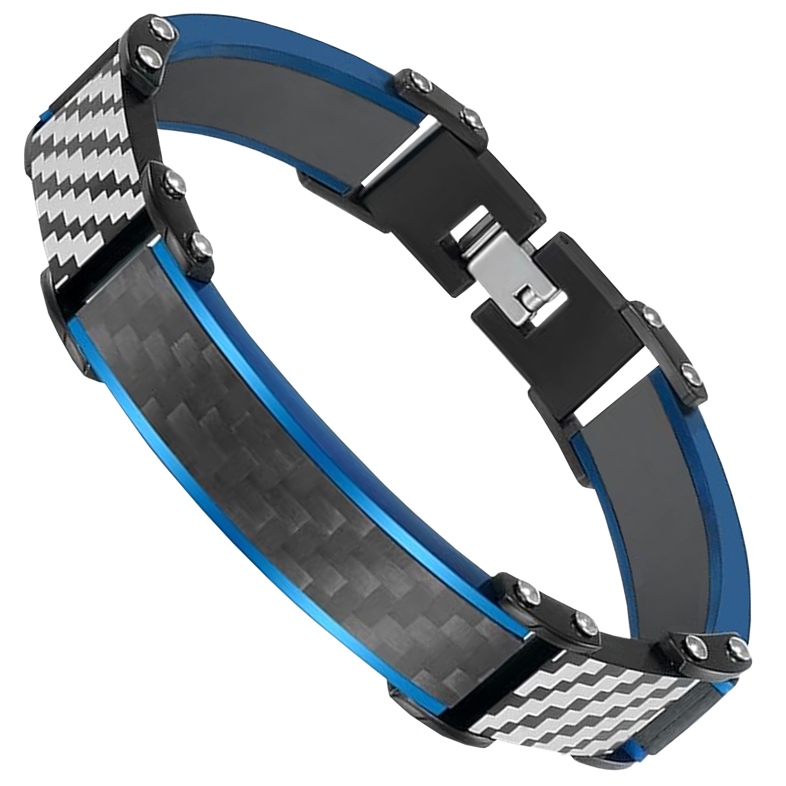 Stainless Steel Bracelet with Carbon Fiber & Blue Trim