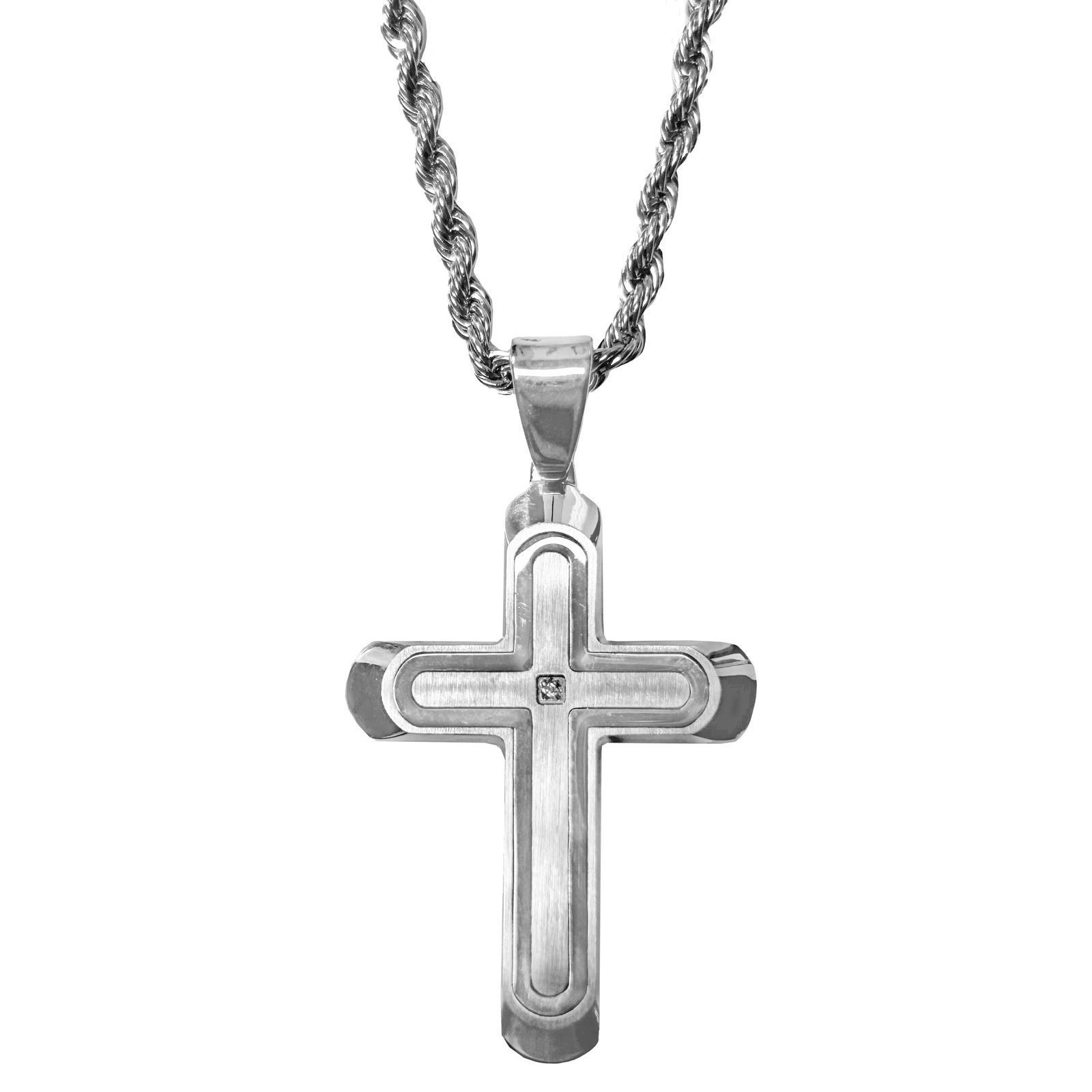Stainless Steel CZ Cross Pendant w/ Chain