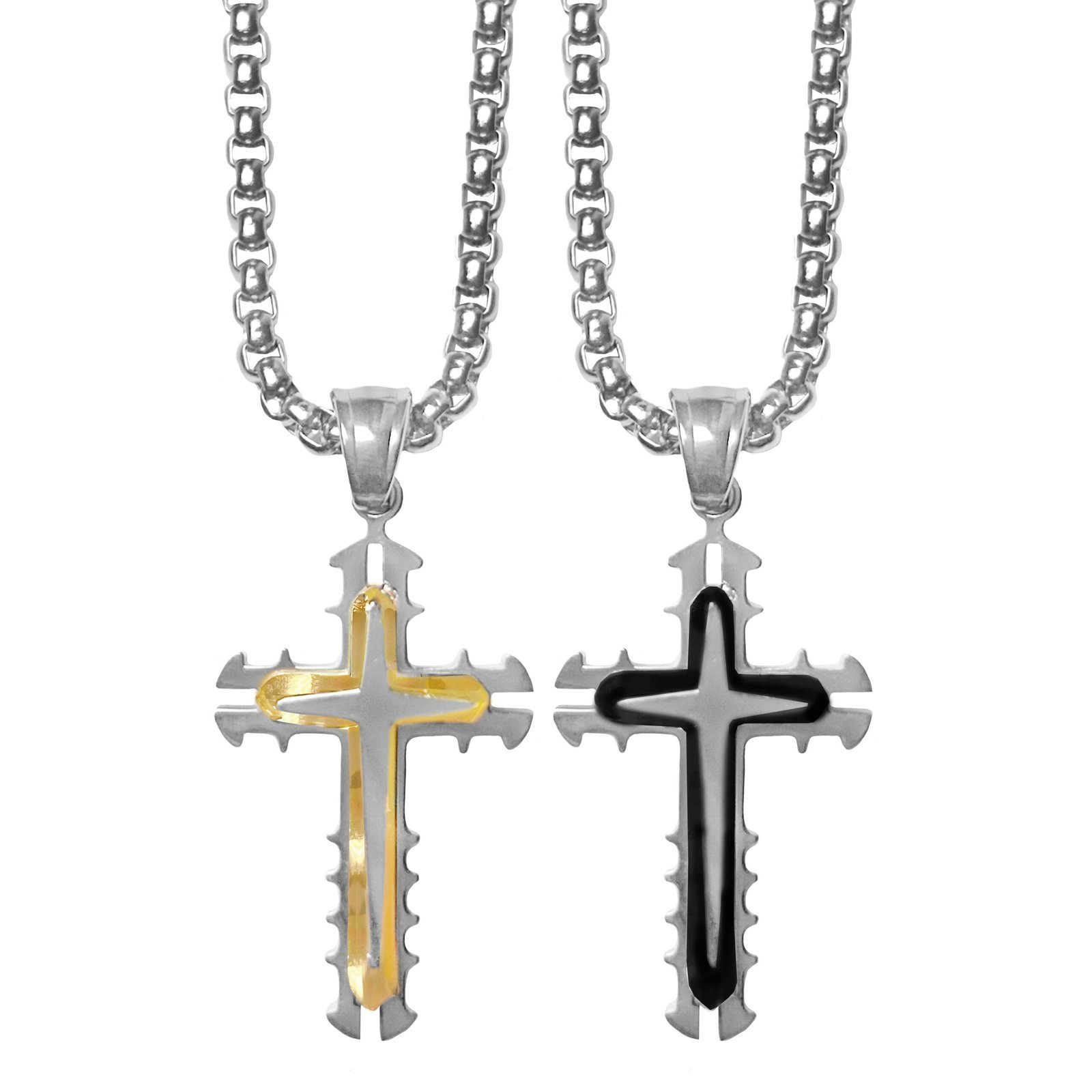 Stainless Steel Chain Necklace w/ Ridged Cross Pendant